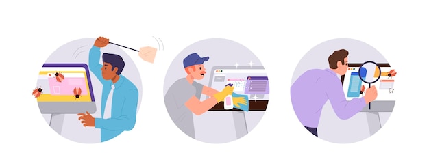 quality assurance programmer cartoon character at work isolated set of round icon composition vector illustration of male software tester checking program code function fixing bug and error