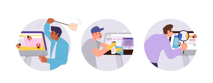 Vector 품질 보증 프로그래머 만화 캐릭터 원형 아이콘 컴포지션의 격리된 집합 프로그램 코드 기능 수정 버그 및 오류를 확인하는 남성 소프트웨어 테스터의 벡터 그림