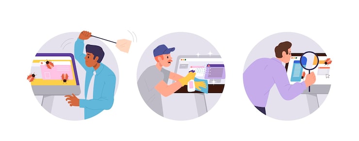 Vector quality assurance programmer cartoon character at work isolated set of round icon composition vector illustration of male software tester checking program code function fixing bug and error