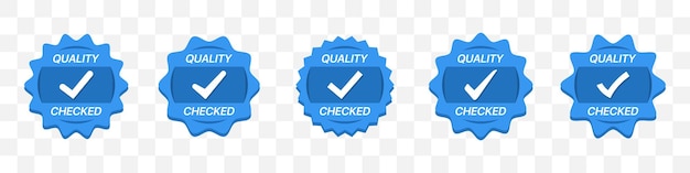 Quality checked badges label in blue with tick. guarantee medal collection