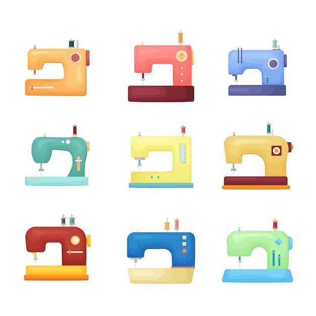 Качественный красочный набор иконок швейной машины на белом фоне