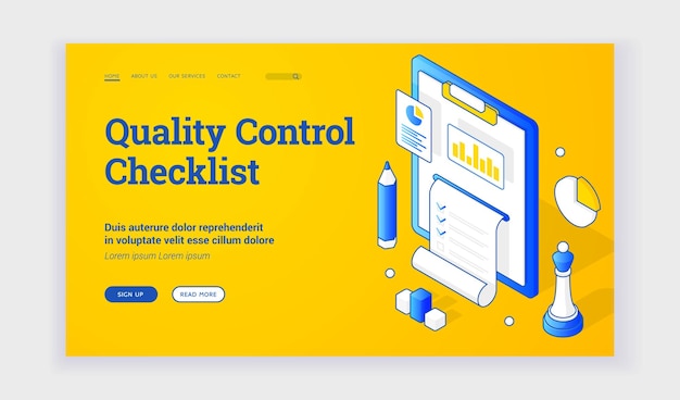 Контрольный список. Современный дизайн интернет-страницы для веб-сайта о контрольном списке контроля качества с синими значками и элементами. Изометрический веб-баннер, шаблон целевой страницы