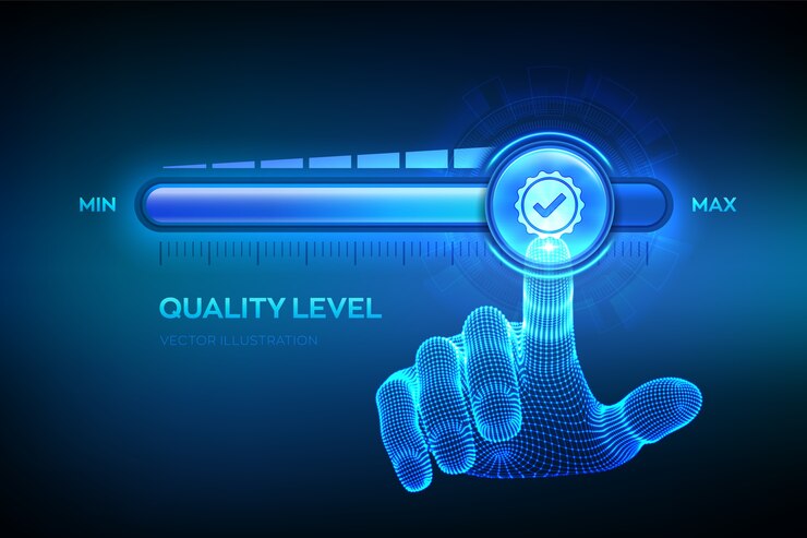 Vector quality levels growth. wireframe hand is pulling up to the maximum position progress bar with the quality icon.