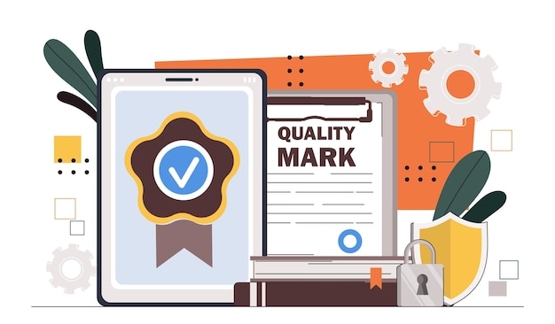 Vector quality mark concept product quality assessment certificate award and reward for factory and