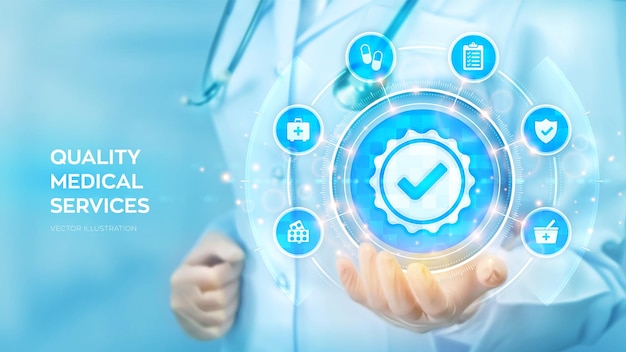 質の高い医療サービス 質の向上保証認定 医師が手に持っている品質記号と薬のアイコン 仮想画面上のネットワーク接続 ヘルスケア ベクトル図