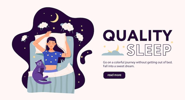 Vettore modello di banner web per il sonno di qualità la ragazza conta le pecore nel sonno la ragazza dorme con il gatto