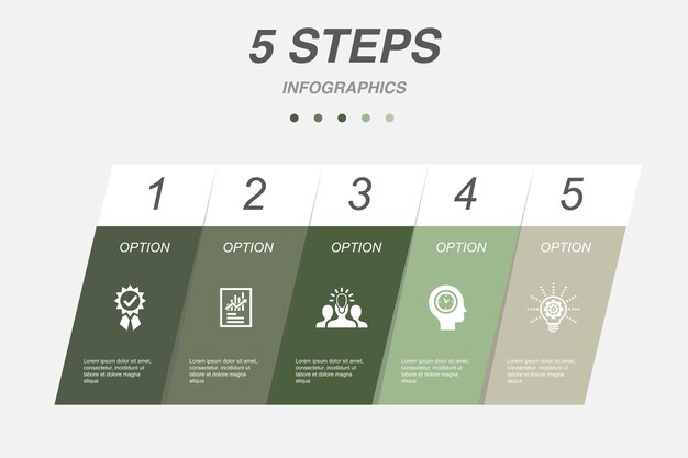 Dichiarazione di qualità ideologia pazienza innovazione icone modello di progettazione infografica concetto creativo con 5 passaggi