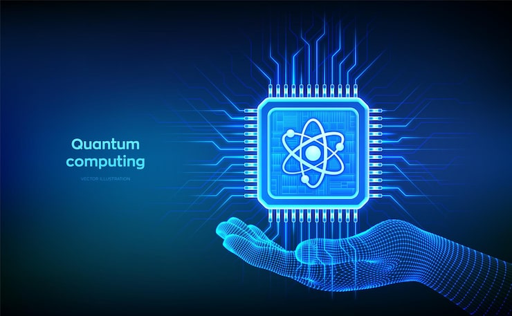 Vector quantum chip in hand quantum processor with qubit superposition quantum computing technology ai artificial intelligence highspeed calculations revolutionary algorithms vector illustration