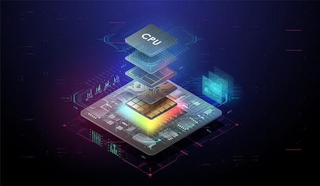量子コンピューターデータベースの概念未来的なマイクロチッププロセッサー技術未来的なテンプレートHUD要素を備えたデジタルチップ最新のCPUイラスト中央コンピュータープロセッサー