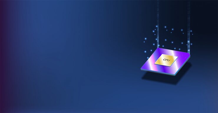 Vector 양자 컴퓨터, 대용량 데이터 처리, 데이터베이스 개념 cpu 아이소 메트릭 중앙 컴퓨터 프로세서 cpu 개념입니다. 디지털 칩 파란색 배경 조명으로 미래의 마이크로 칩 프로세서.