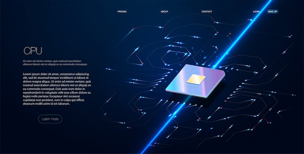 量子コンピューター、大規模データ処理、データベースの概念。cpuアイソメトリック