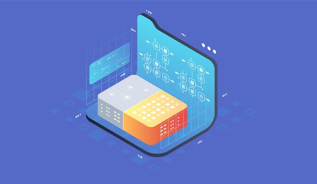 Quantum computer, large data processing. isometric quantum computing or supercomputing. software development and programming.