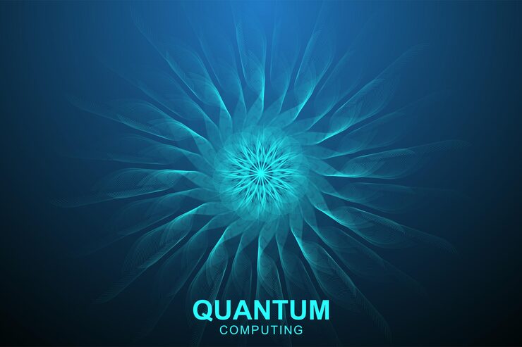Vector quantum computer technology concept. deep learning artificial intelligence. big data algorithms visualization for business, science, technology. waves flow, dots, lines. quantum vector illustration.