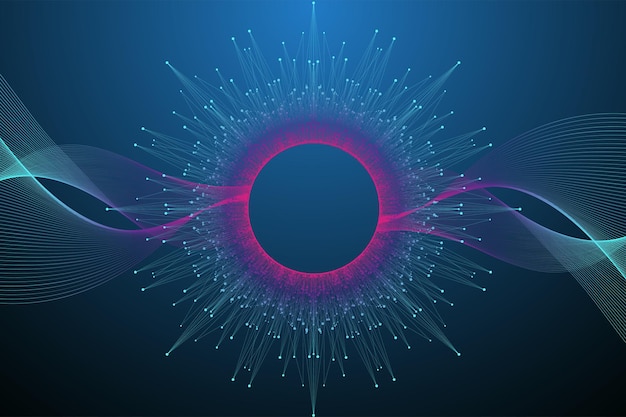 Quantum computer technology concept. sphere explosion background. deep learning artificial intelligence. big data algorithms visualization. waves flow. quantum explosion, vector illustration.