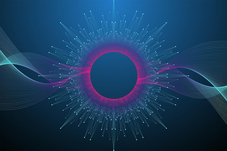 Vector quantum computer technology concept. sphere explosion background. deep learning artificial intelligence. big data algorithms visualization. waves flow. quantum explosion, vector illustration.