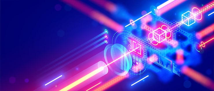 Vector 量子計算:光學 cpu 處理器光訊號的近距離拍攝 發光量子比特的量子電腦 激光訊號在芯片或處理器中傳輸數碼訊號 抽象技術背景