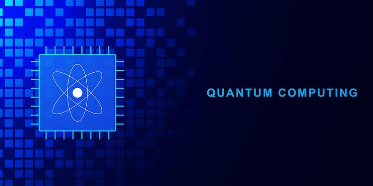 Vector quantum computing concept with microchip processor large data processing and database background