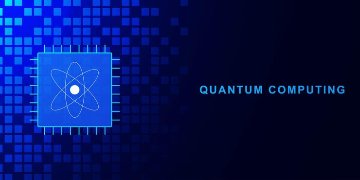 Vector quantum computing concept with microchip processor large data processing and database background