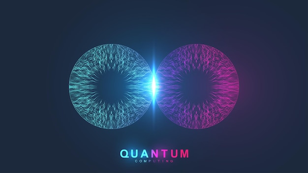 Quantum computing systems. Quantum physics. Deep learning artificial intelligence. Big data algorithms visualization, vector illustration.