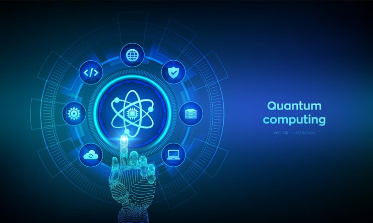 Vector quantum computing technology concept quantum qubit intelligent computing data analytics ai artificial intelligence deep learning wireframe hand touching digital interface vector illustration