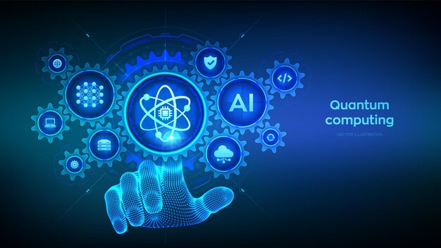 Quantum computing technology concept Quantum qubit intelligent computing Quantum technology Data analytics Hand touching digital interface with interconnected gears and icons Vector illustration
