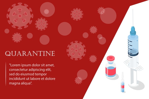 Quarantaine bestemmingspagina. Medisch voorzorgsconcept. Vector illustratie plat ontwerp. Abstracte achtergrond. Epidemie van de virale griep. Spuitmasker en vaccin. 2019-nCoV