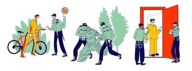 Vector quarantine control concept. characters violate curfew or self isolation regime, policemen arrest person in costume of tree, bicyclist in park and cheking quarantined people. linear vector illustration