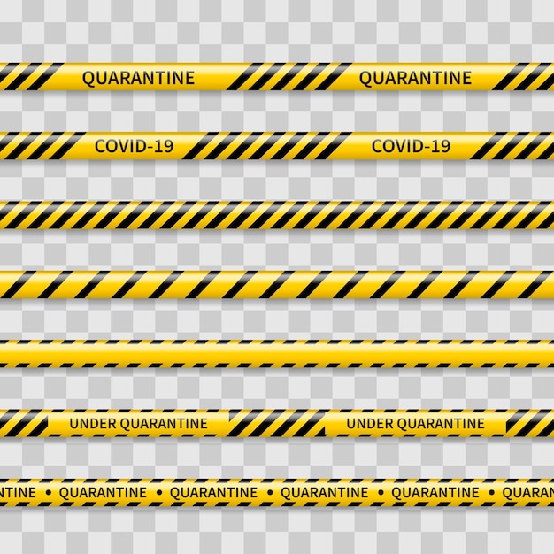 検疫 covid19 警告テープ透明な背景に分離された 9 つの現実的なシームレスな警告テープのセット黒と黄色のストライプ ライン ベクトル図