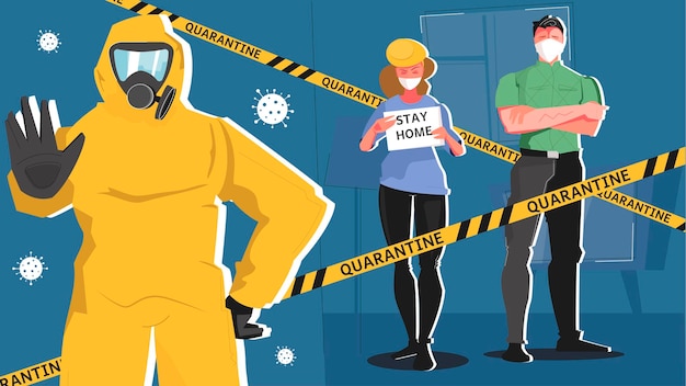 Quarantine illustration with human characters in masks and chemical suit