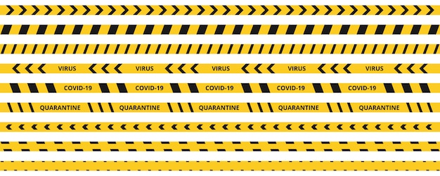 検疫テープコロナウイルス。警告コロナウイルスは黄色と黒の縞模様を検疫します。
