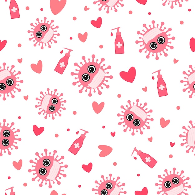 Quarantine Valentines Day seamless pattern Cute virus wearing protective mask Covid19 pandemic concept Social distancing love vector background for cards textile fabric wrapping paper etc