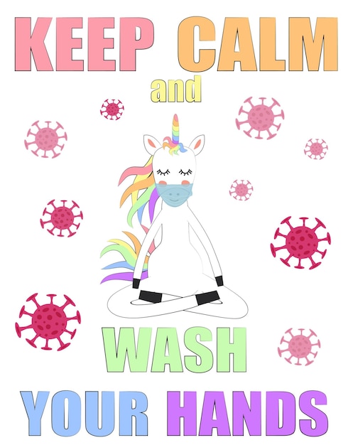 Quarantine Warning Poster Stay at home The masked unicorn doing yoga meditation at home Coronavirus epidemic