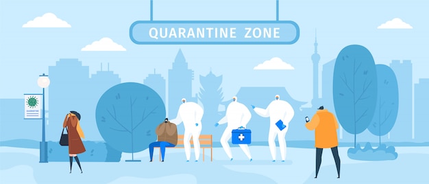 Quarantine zone with medics in protective cloths and masks help people with epidemic desease coronavirus illustration