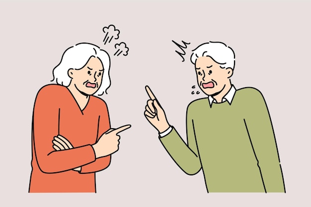 Litigio uomo e donna anziani che esprimono lamentele reciproche accumulate nel corso degli anni di matrimonio