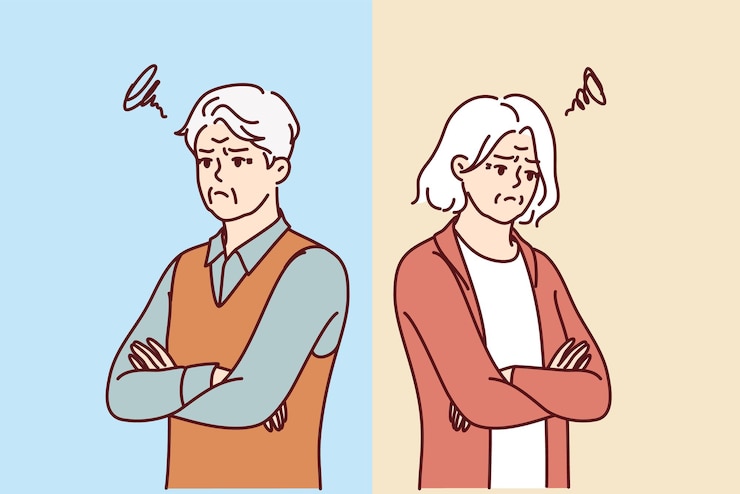 Vector 다투는 노인들은 차이나 서로 다른 관심사 때문에 다른 방향을 봅니다.