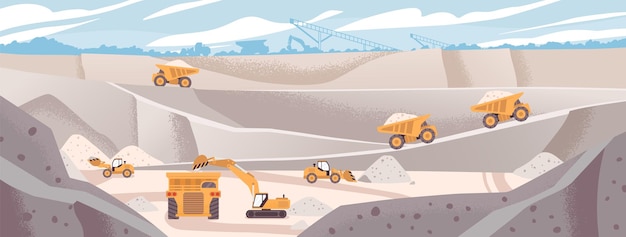 quarry landscape flat vector illustration marble mining concept industrial machinery and transport excavators and dump trucks at opencast mine production stone quarrying process