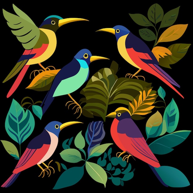 A Quartet of Watercolor Birds Vector Illustrations