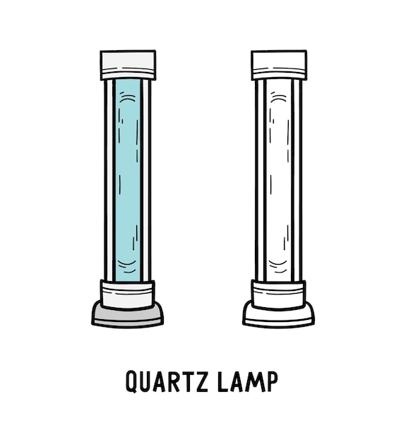 Vector quartz lamp with ultraviolet blue radiation mercury tube light bulb icon in doodle linear style