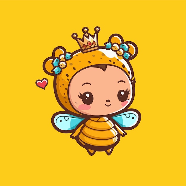 王冠をかぶった女王蜂は、平らな漫画のデザインの昆虫のかわいいマスコットです