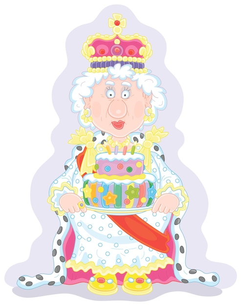 Vector queen in a crown and in a solemn royal dress holding a fancy holiday cake