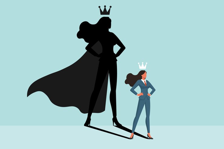 Vector queen and a crown with a woman in a crown businesswoman with shadow of superhero concept