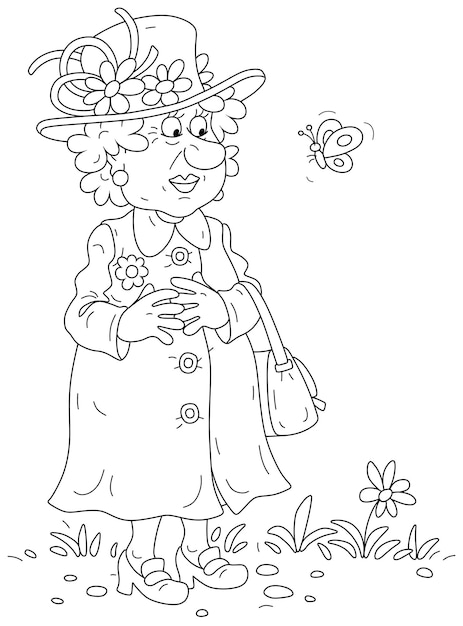 Queen in a fashionable suit holding her handbag and watching a funny fluttering butterfly on a walk