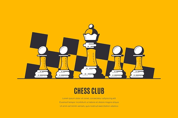 Queen and Four Pawns and Chess Board Pattern on yellow, chess club banner