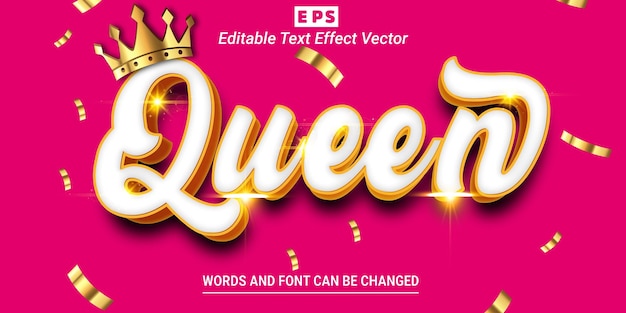 Queen golden color 3d editable text effect vector with background