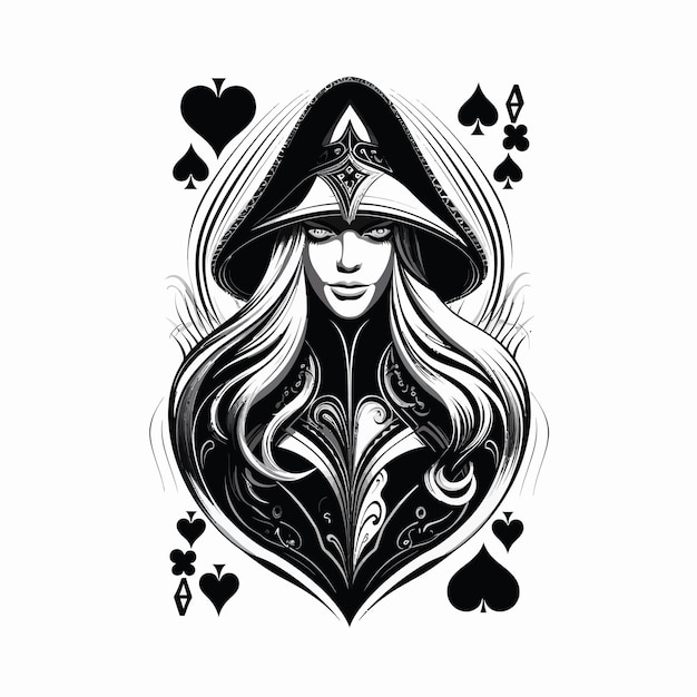 queen playing card black and white