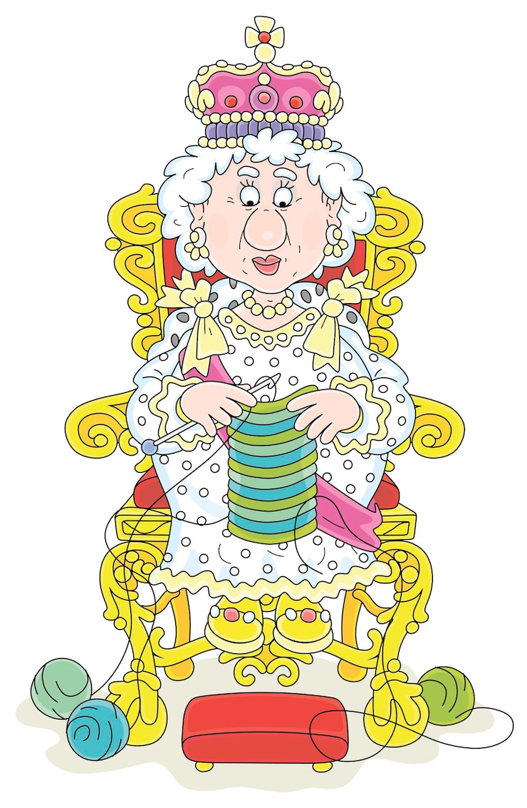 Vector queen in solemn royal dress sitting on her royal throne and knitting a warm striped scarf at leisure
