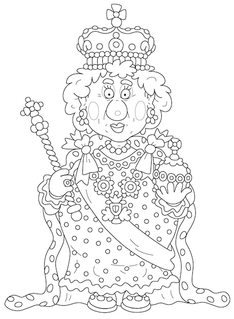 공식 축제 행사에서 왕족의 상징이 있는 엄숙한 왕실 드레스를 입은 여왕