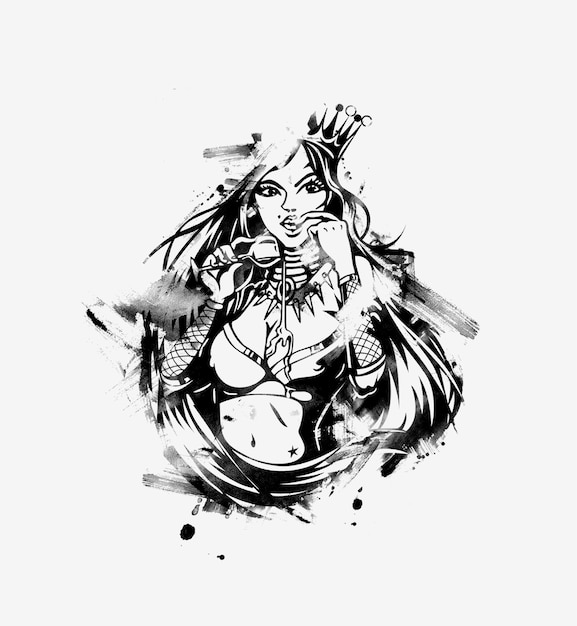 Queen with a glass of wine, grunge vector illustration.