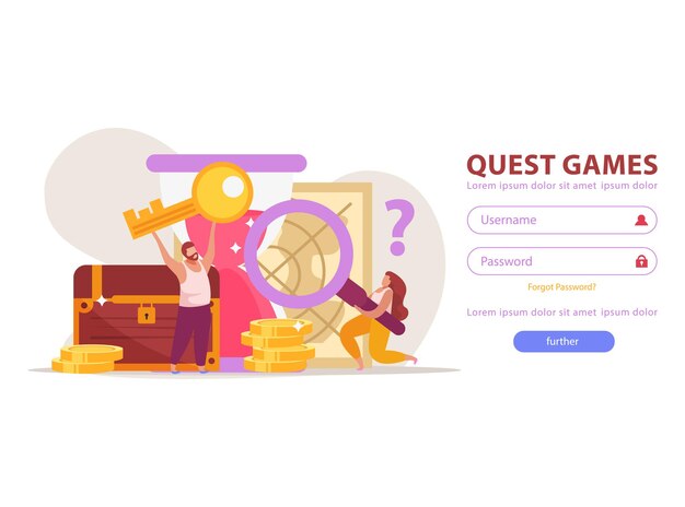 quest game flat illustration for web site login page with fields buttons and gaming achievements