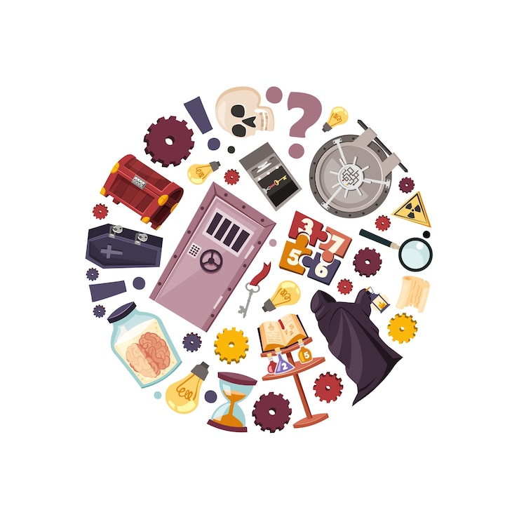 Vector quest room items for mind games circle shaped question signs keys scary characters quest room doors items vector cartoon items circle shaped background
